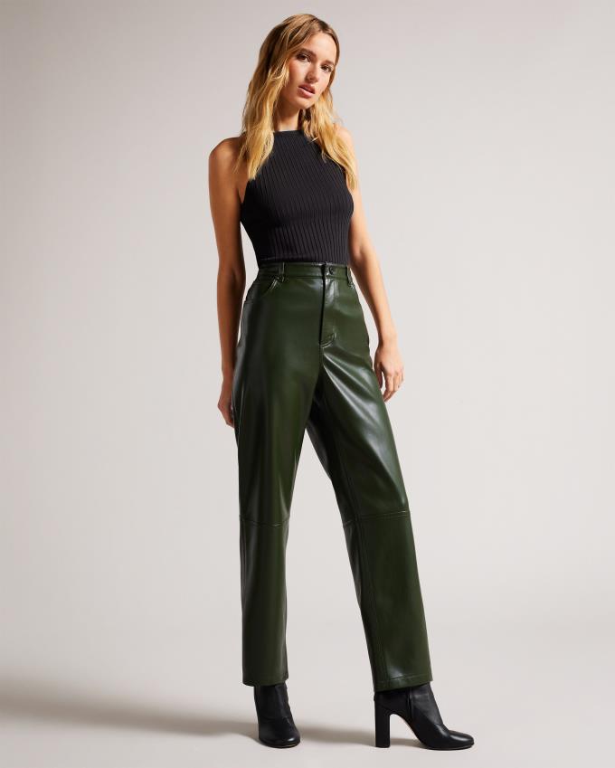 Pantalon Ted Baker Straight Leg Faux Leather Kaki Femme | GNG-85415610